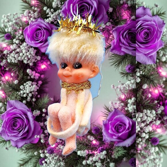 Vintage Pixie Angel Knee Hugger Ornament Tulle Wings Napco Japan 50 Felt Halo - Picture 1 of 11